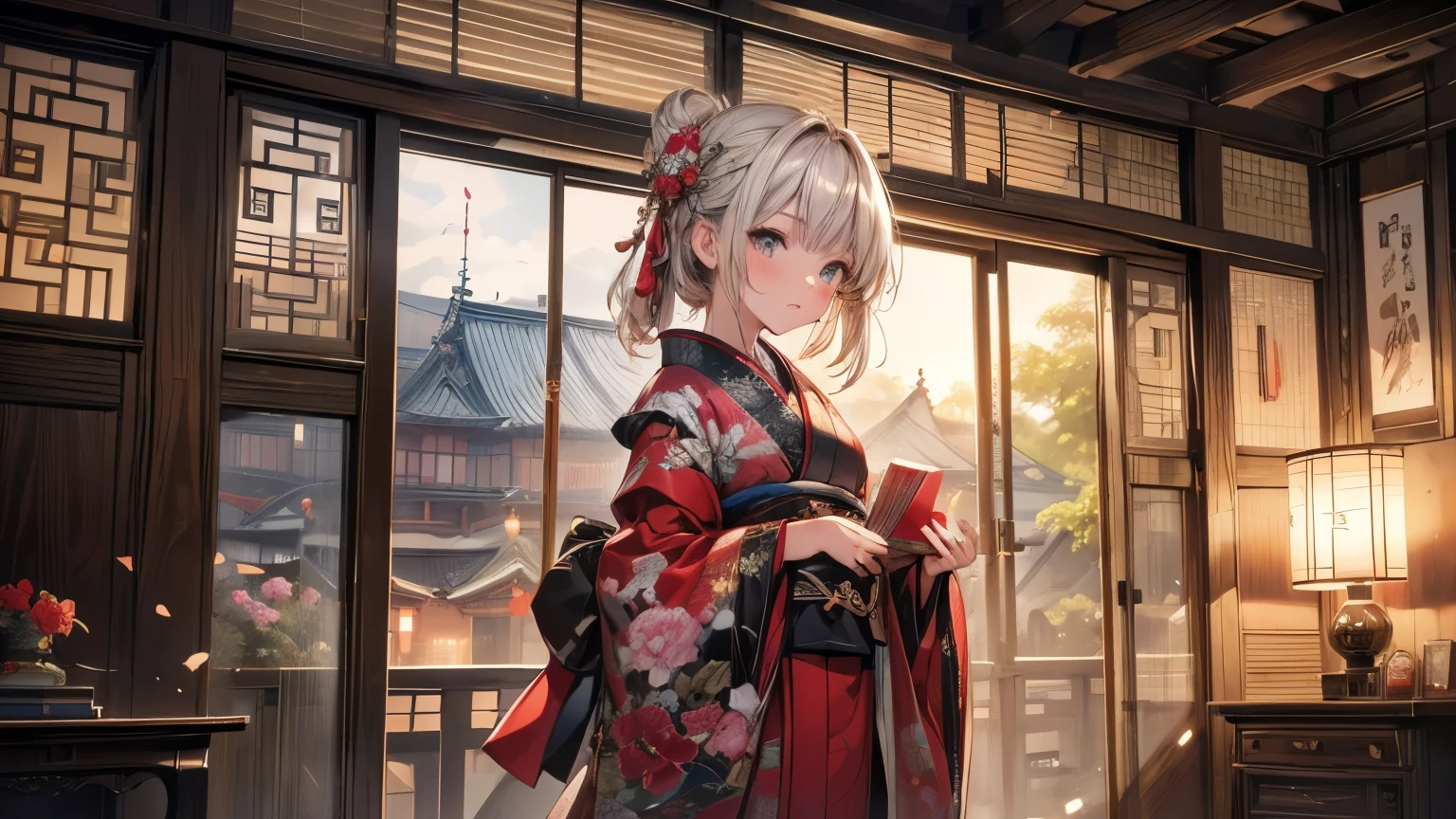 kimono, heart, (8k, Original photo, Highest quality, masterpiece: 1.2), (practical: 1.6), (masterpiece), (Highest quality: 1.0), (Ultra-high resolution: 1.0), detailed, 1940s, One, detailed beautiful skin, detailed room, ,practical skin
