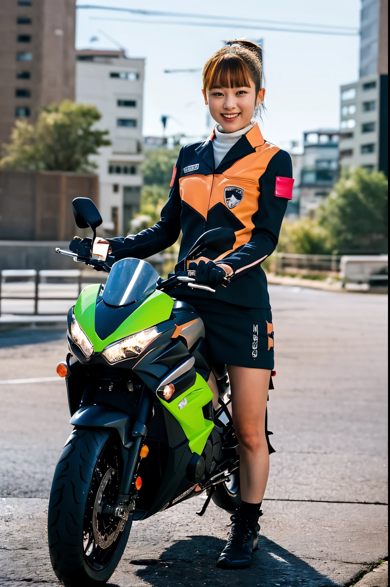 Glowing Korean beauty with cybernetic arm,(Transparent and revealing clothing:1.3, ),(Cyber Girl is、Ride through a futuristic city on a colorful, custom-painted green Kawasaki Ninja motorcycle:1.3),mini skirtを履いてバイクに跨り白いパンティが見えてます、kawasaki ninja250、Showing her white panties.、 （Ultra mini skirt:1.3）、Shiny light brown and orange striped ponytail hair,Cute Smile,Perfect round face,A bright smile that makes everyone happy,Proper body balance,Tabletop,Ultra-high quality output images,High resolution,Intricate details,Very delicate and beautiful hair,Realistic photos,dream-like,Professional Lighting,Realistic Shadows,Focus Only,Beautiful Hands,Beautiful fingers,Detailed functions of the fingers,Detailed characteristics of the garment,Detailed characteristics of hair,Detailed facial features,