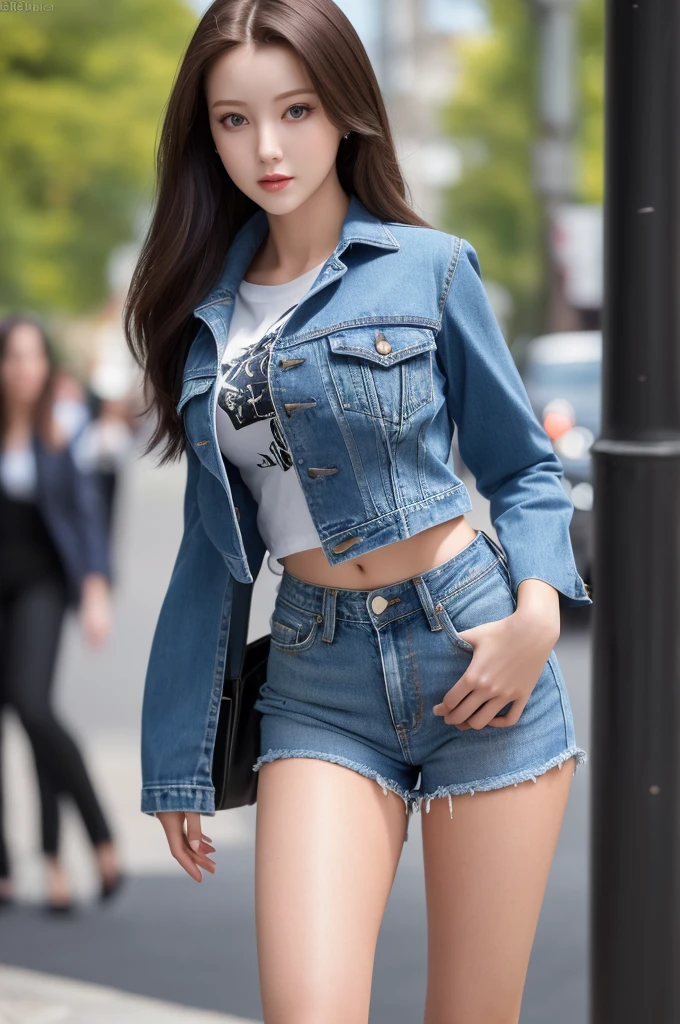 a beautiful face of a 23 year old actress, perfect proportions of woman's body, formal blazer is worn with t-shirt, woman's sexy crotch and thighs, low rise denim shorts are ripped and worn with panties, at street, standing, nsfw, best quality, highly detailed, masterpiece, ultra high res, photo realistic, 8k