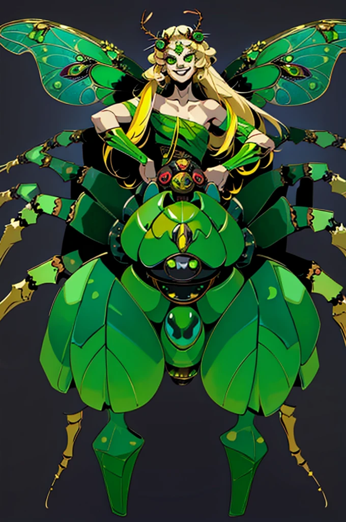 1girl, alone, chibi spider girl, monster musume, 9 , hairy thin long spider legs, dragonfly wings, moth antenas on head, blonde long hair, yellow hair, green clothes, green eyes, flat chest, smiling innocently, hades style, hadesstyle, hades2style, hades 2 style