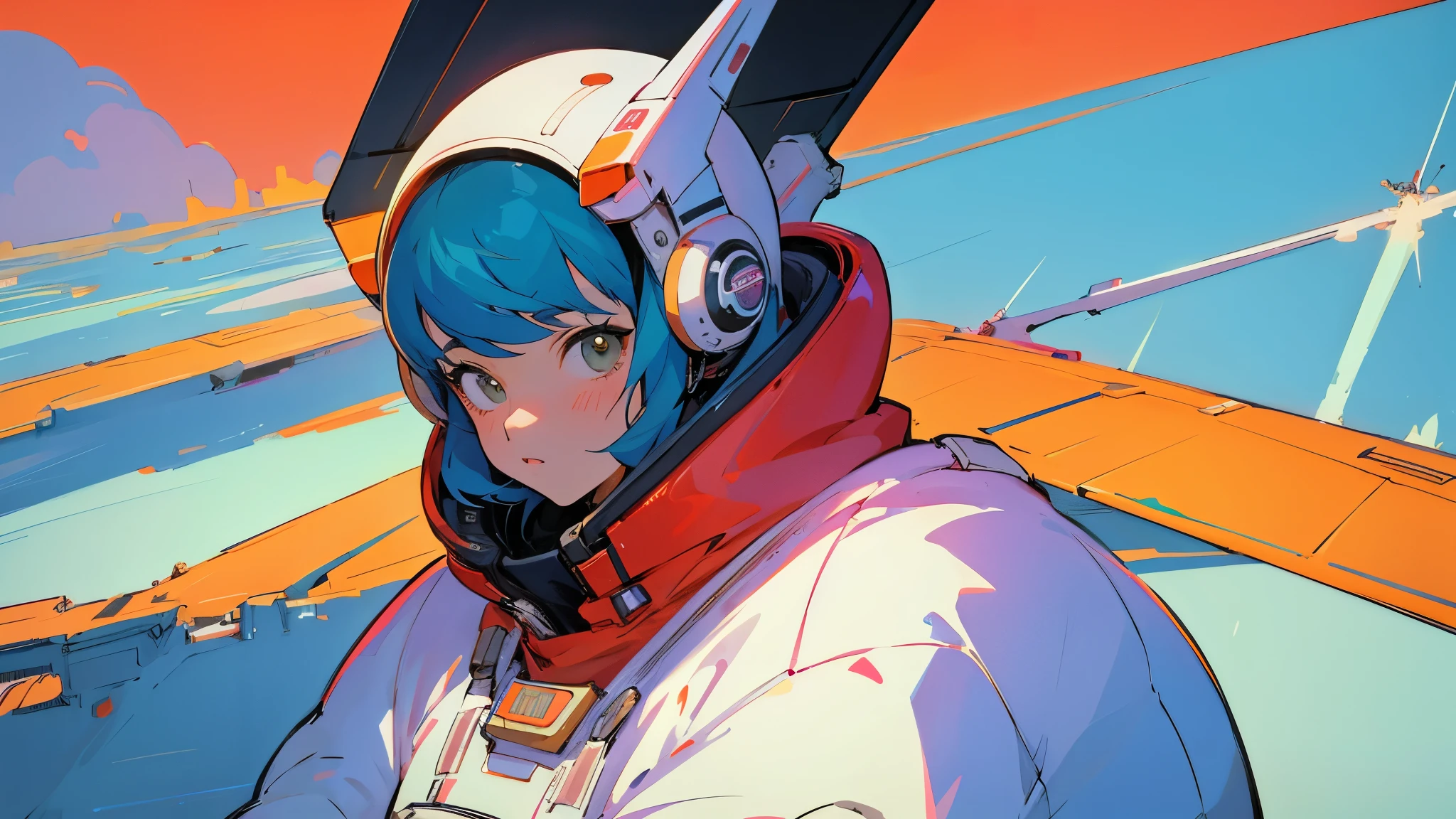 A cartoon character wearing a space suit and flying an airplane, Portrait Anime Astronaut Girl, Pilot Girl, cute Pilot Girl, Lo-fi Girl, Akira art style, Macross Style, Akira-style illustration, style of akira motion movie, M cross, Akira Vibe, Inspired by Josan Gonzalez, Lofi Art, Admire the art style, 80s anime art style,girl,Shortcuts