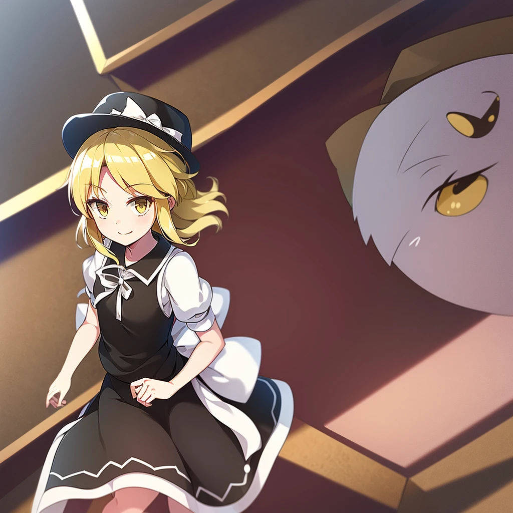 1girl, , , masterpiece, best quality, 10 years old, medium blonde hair, forehead visible bags, yellow eyes, hat, heart, black headwear, puffy short sleeves, log black skirt, heart hads,,1girl, solo, yellow eyes, yellow hair, bow, hat bow, socks, black footwear, black skirt, short sleeves, yuki (touhou), black vest, white sleeves, frill skirt, light smile