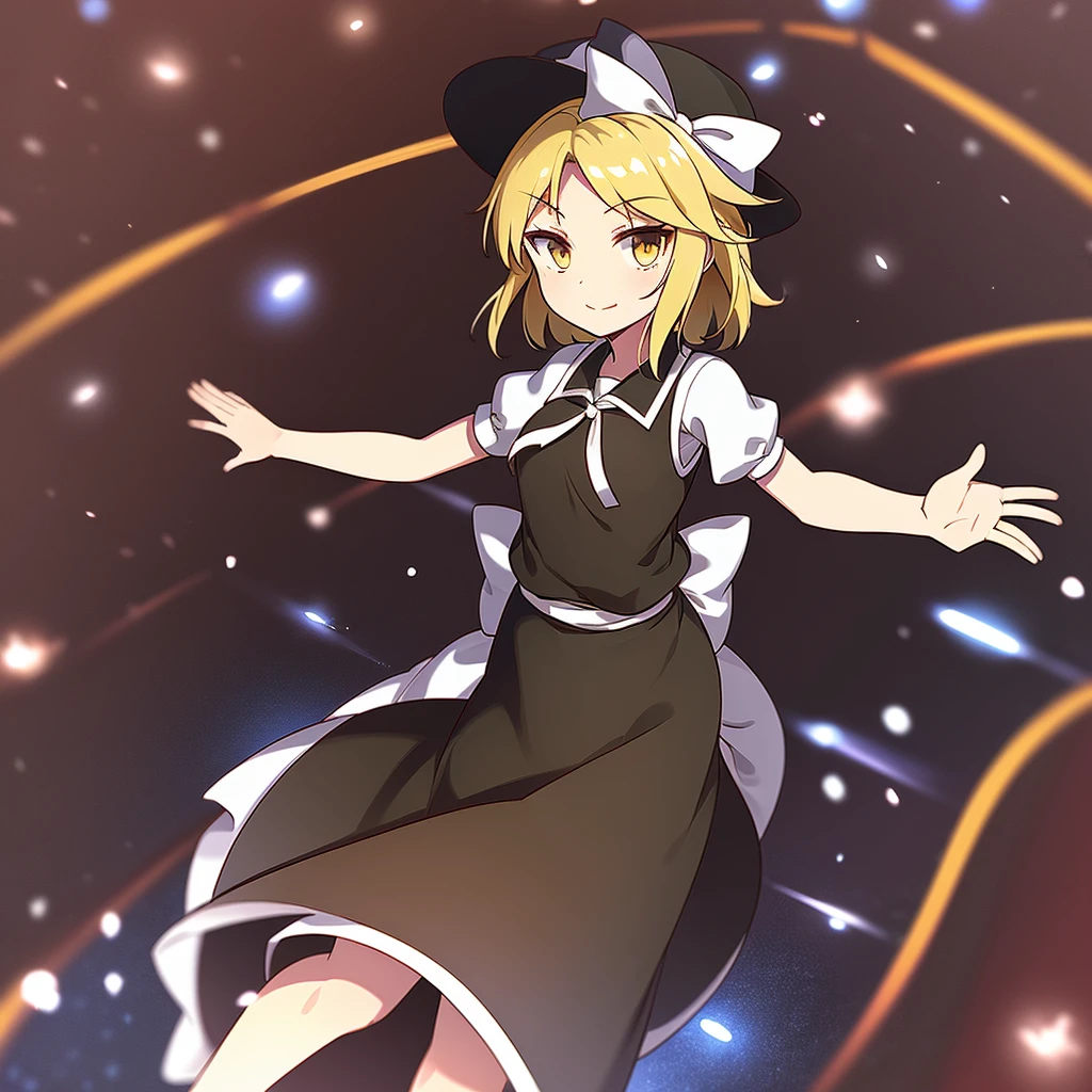 1girl, , , masterpiece, best quality, 10 years old, medium blonde hair, forehead visible bags, yellow eyes, hat, heart, black headwear, puffy short sleeves, log black skirt, heart hads,,1girl, solo, yellow eyes, yellow hair, bow, hat bow, socks, black footwear, black skirt, short sleeves, yuki (touhou), black vest, white sleeves, frill skirt, light smile