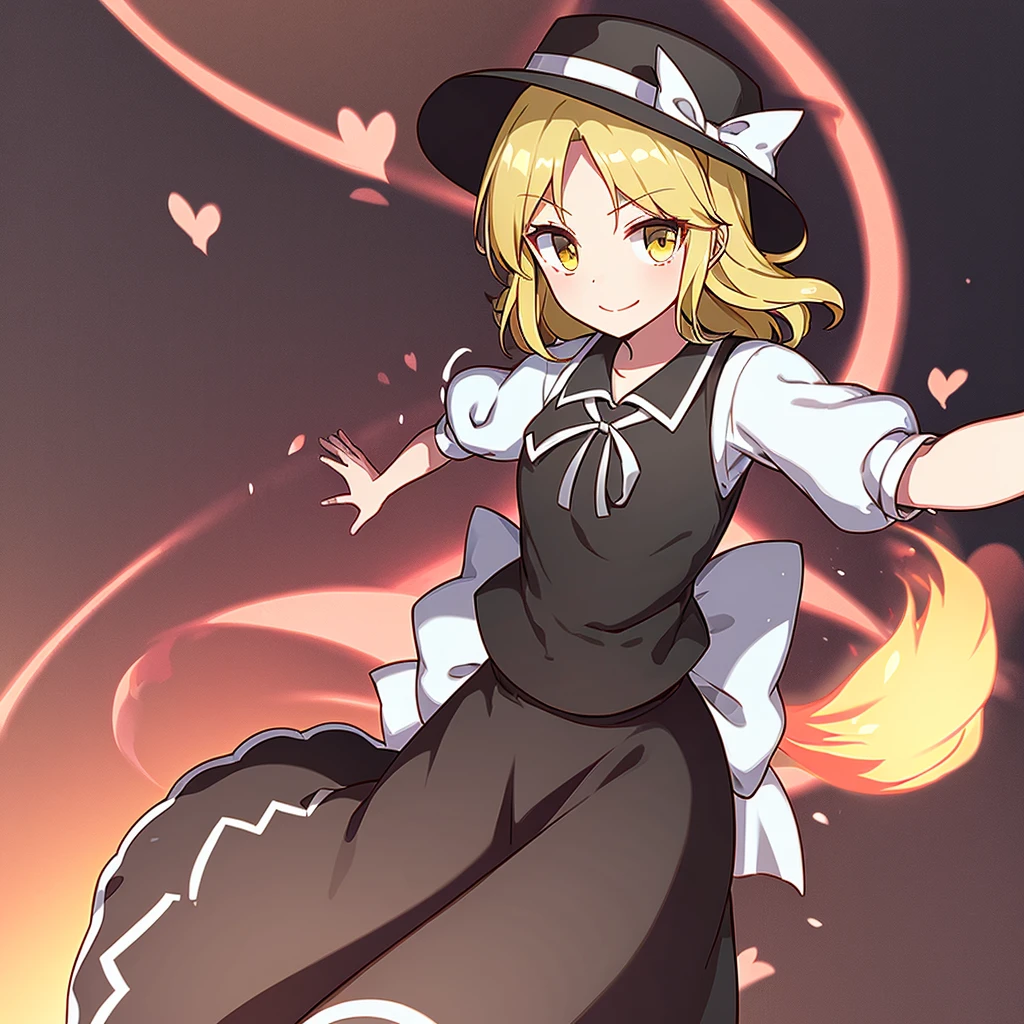 1girl, , , masterpiece, best quality, 10 years old, medium blonde hair, forehead visible bags, yellow eyes, hat, heart, black headwear, puffy short sleeves, log black skirt, heart hads,,1girl, solo, yellow eyes, yellow hair, bow, hat bow, socks, black footwear, black skirt, short sleeves, yuki (touhou), black vest, white sleeves, frill skirt, light smile