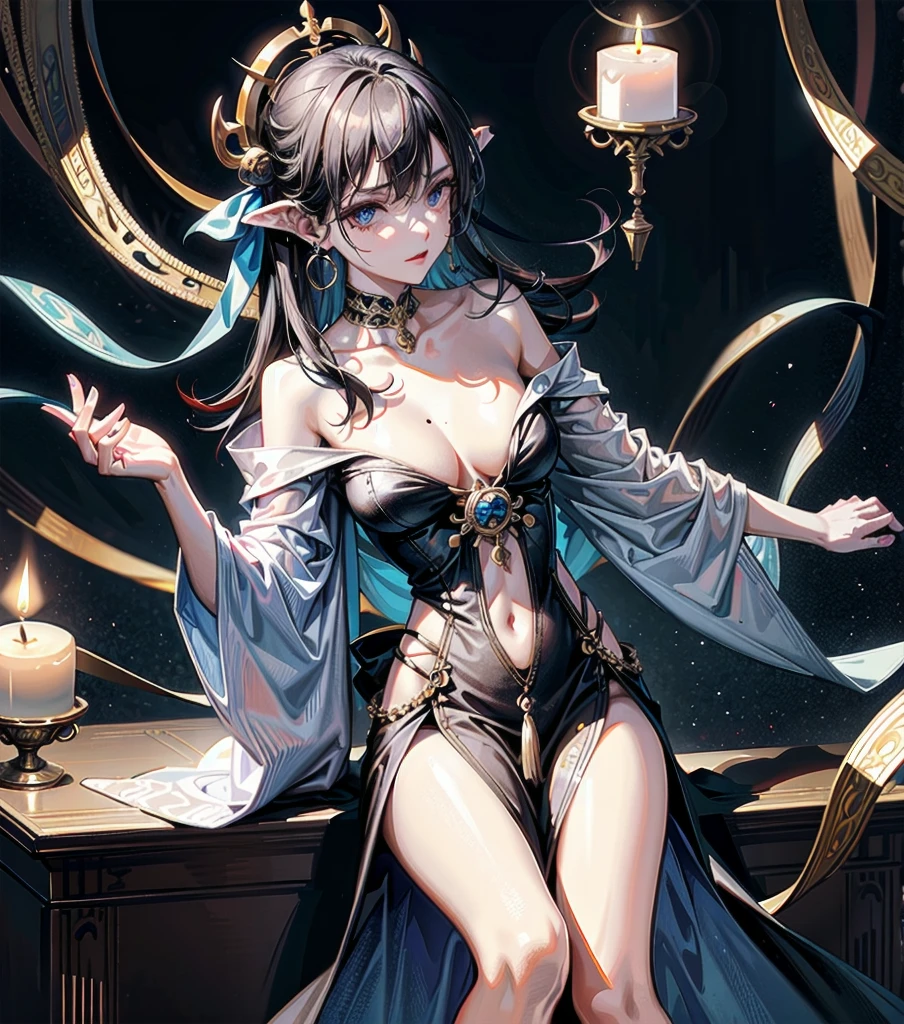 whole body, earring, medium hair, medium tits, tearful mole, dress, off-shoulder, bare collarbone, a beautiful fortune teller, ornate tarot cards, candlelit room, flowing robes, 