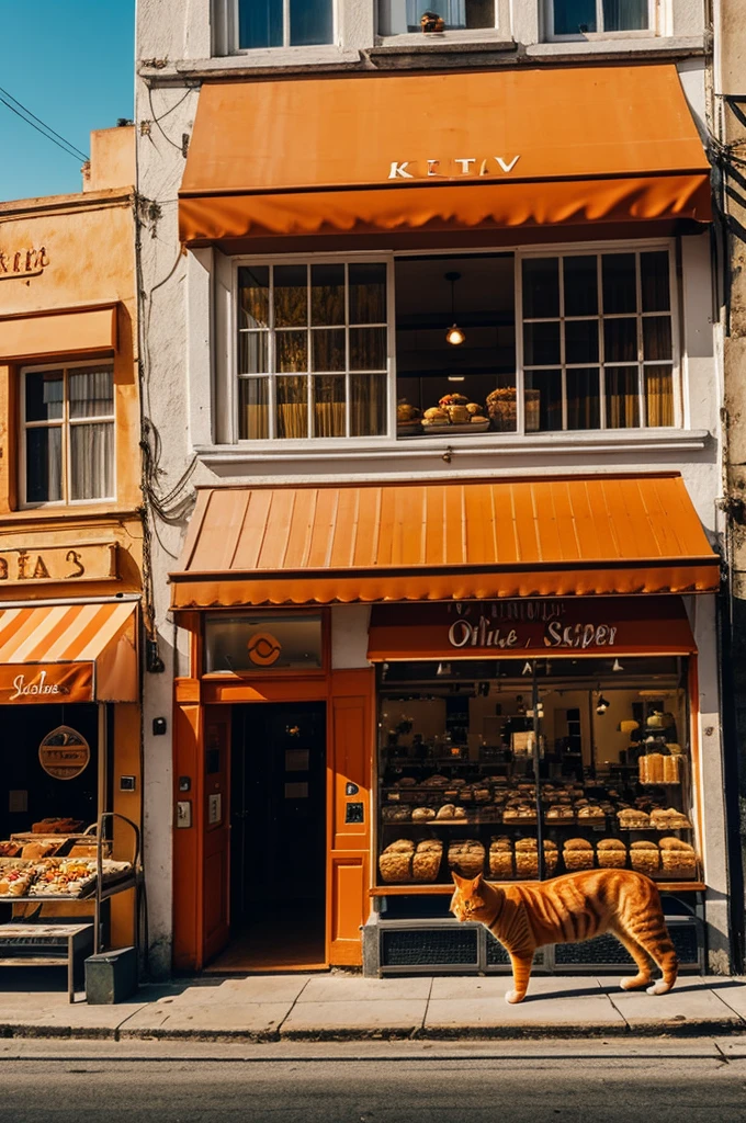 Orange cat with a pastry shop under sunlight