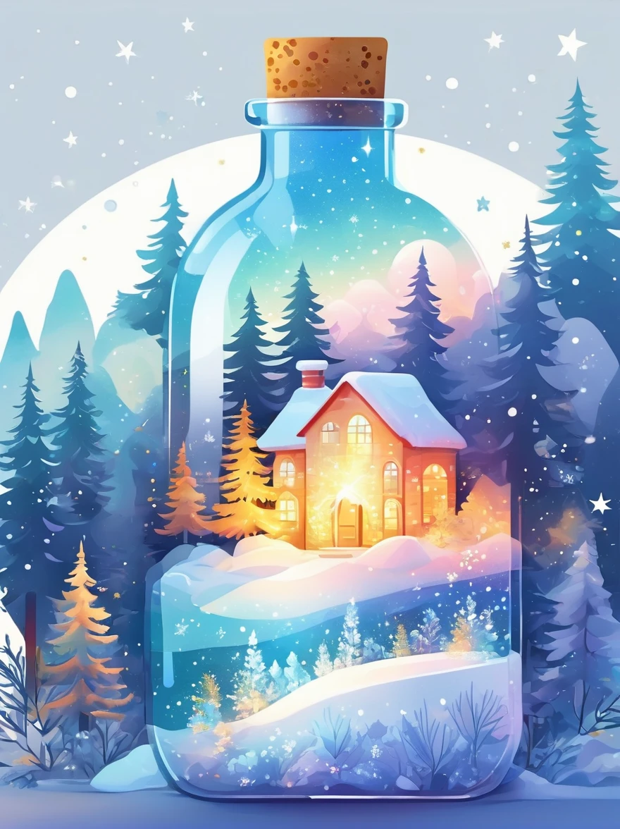 (flat, user interface vector style), (world in a bottle), Soft rime, Pine forest covered with soft frost, 美丽的冰雪Soft rime, Luminescence, Ethereal, Night Sky, (Clear crystal bottle), Shining stars, Magical scene, Vibrant colors, Soft tones, Warm golden glow, Tranquil atmosphere, (simple illustration), (smooth line art), (minimalism), white background, (graphic design aesthetics), (flat illustration)
