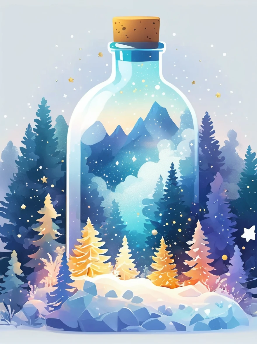 (flat, user interface vector style), (world in a bottle), Soft rime, Pine forest covered with soft frost, 美丽的冰雪Soft rime, Luminescence, Ethereal, Night Sky, (Clear crystal bottle), Shining stars, Magical scene, Vibrant colors, Soft tones, Warm golden glow, Tranquil atmosphere, (simple illustration), (smooth line art), (minimalism), white background, (graphic design aesthetics), (flat illustration)