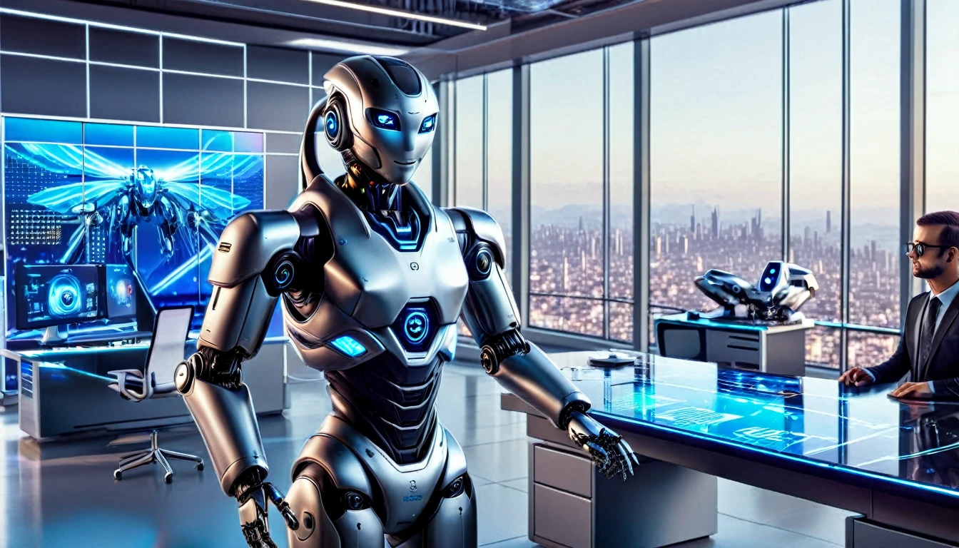 A sleek, humanoid robot in a futuristic office environment, interacting with employees. The robot is designed with a metallic finish and glowing blue eyes, standing next to a modern desk with holographic displays. Background includes high-tech equipment and large windows showing a cityscape with flying cars. 