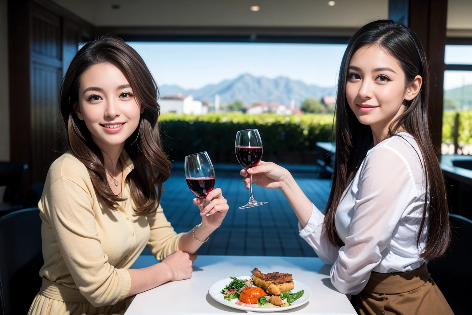((Highest quality、8k、masterpiece:1.3))、1 male、1 female、Couple、spouse、Couple、The body is slim、((Bob Hale、Straight hair:1.2)), (Realistic, Intricate details:1.2), テーブルの上のwine glass、Shine light on your face、 Amazing view of the sunset sky and clouds、Amazing mountain views、A bright smile、The wonderfulness of smile、Bright image、The beauty of wine, Beautiful Face, blue eyes, The light shines on your face, Blushing, short hair,Bright Face、 (Age 43), 39 years old, red wine 、Appetizers、Italian food、Wine bottle、Champagne、sparkling wine、Two beauties、Brown Hair、Shortcuts、Long sleeve shirt、dress、Pretty Woman 1, (slimな顔), (The body is slim), (Brown Hair), (Shortcuts), cheeks turn a little red,Attractive beauty、restaurant, In a prominent place (From the waist up) Nova Frog Style, actress, model, Upper Body, White wine, slim, wine glass, 中央に置かれたwine glass, smile, (smile: 1.15), Beautiful fine grain, Depth f/2,saturation, High Contrast, Strong light and shadow,Moist Body:1.5、3D texture、Delicate eyes、Brown Hair、The hair is very shiny、
