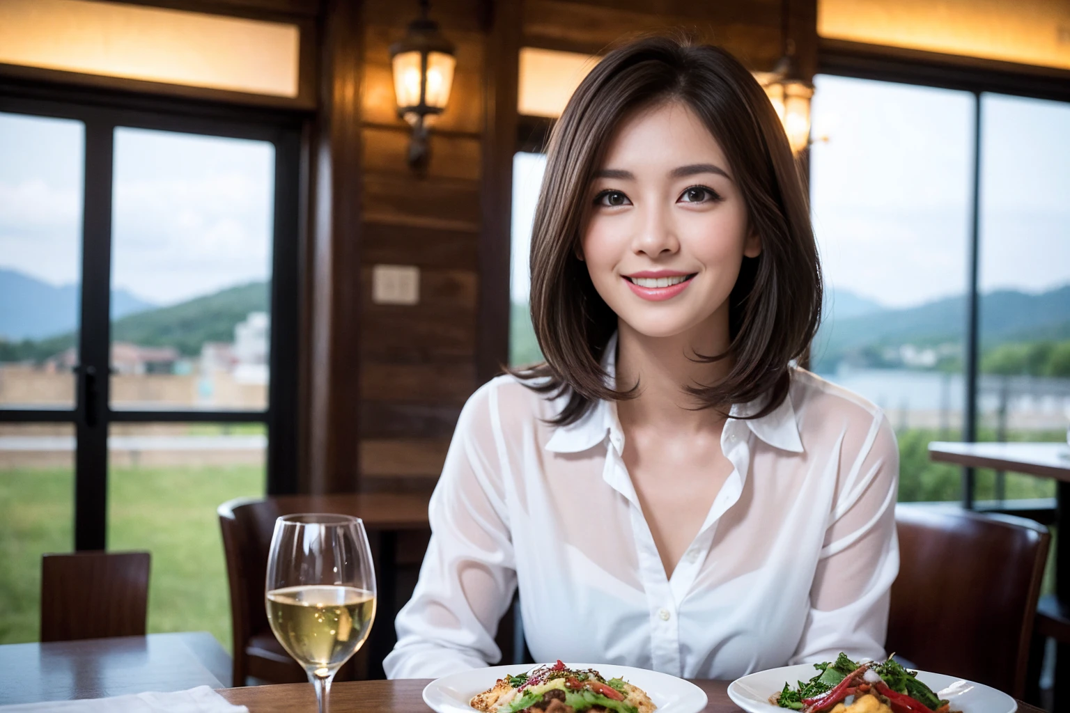 ((Highest quality、8k、masterpiece:1.3))、slimカップル、modelカップル、(Realistic, Intricate details:1.2), full-course dinner、Wine Party、Amazing view of the sunset sky and clouds、A bright smile、The wonderfulness of smile、Bright image、The beauty of wine, Beautiful Face, blue eyes, The light shines on your face, blush, short hair,Bright Face、 (Age 37), 39 years old, red wine 、Appetizers、Italian food、Wine bottle、Champagne、sparkling wine、Two beauties、Brown Hair、Shortcuts、Long sleeve shirt、dress、Beautiful woman 1, (slimな顔), (The body is slim), (Brown Hair), (Shortcuts), cheeks turn a little red,Attractive beauty、restaurant, In a prominent place (From the waist up) Nova Frog Style, actress, model, Upper Body, White wine, slim, wine glass, 中央に置かれたwine glass, smile, (smile: 1.15), Beautiful fine grain, Depth f/2,saturation, High Contrast, Strong light and shadow,Moist Body:1.5、3D texture、Delicate eyes、Brown Hair、The hair is very shiny、