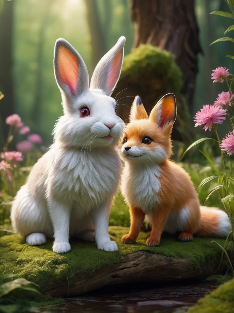 A high-resolution image featuring a realistic of white (1rabbit) and red (1fox) in a cheerful and happy setting. The rabbit, with soft white fur and pink-tinted ears, stands upright, its eyes bright and expressive. The fox, with a lush red coat and a bushy tail, sits nearby, displaying a playful demeanor. The scene is set in a softly lit forest clearing, with golden sunlight filtering through the trees, creating shimmering highlights and emphasizing the animals’ fur. The background is detailed with vibrant green foliage, scattered wildflowers, and additional elements like fallen leaves, soft grass, and small bushes, adding richness and natural beauty. A small wooden bridge or moss-covered rock could be included to enhance the scene’s charm. The overall mood is one of natural joy and tranquility, with butterflies fluttering around and small birds hopping nearby. The design style is reminiscent of a fairytale, with harmonious and beautiful natural elements. The high-detail depiction of the animals’ fur and the sharp, realistic presentation of the grass, leaves, and wildflowers create a vivid and lifelike atmosphere.