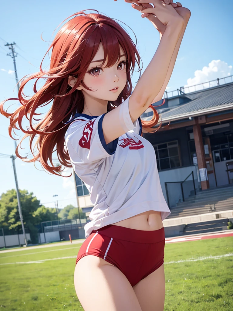 Beautiful young woman, Anime Style, Detailed face, Redhead, Red eyes, Delicate features, Soft lighting, Wearing gym clothes, White T-shirt, Red Bloomers, Stretching, Outdoor school field background, Clear blue sky, sunny day, Dynamic pose, Athletic ability, flexible, Japanese Anime Style, high quality, Very detailed, 8K resolution, Cinema Lighting, 最high quality, Vibrant colors, Instagrammable, beautiful, trend