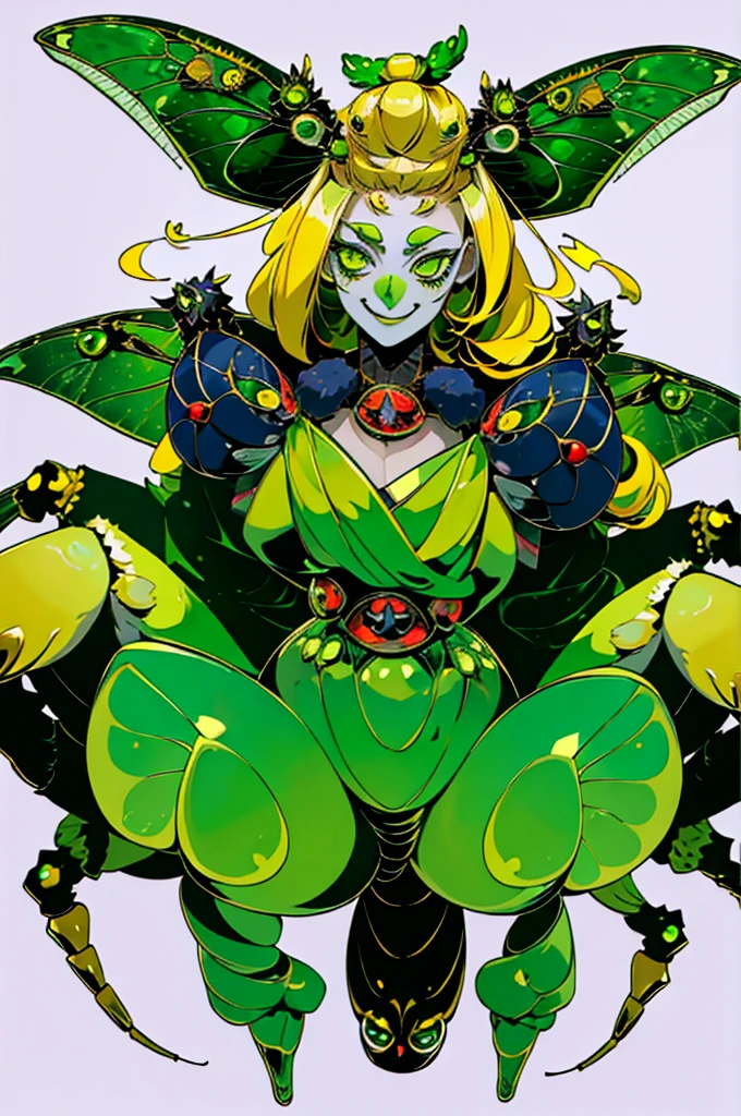 1girl, chibi spider girl, monster musume, 9 years old, hairy thin long spider legs, dragonfly wings, moth antennas on head, blonde long hair, yellow hair, green clothes, green eyes, flat chest, smiling innocently, hades style, hadesstyle, hades2style, hades 2 style