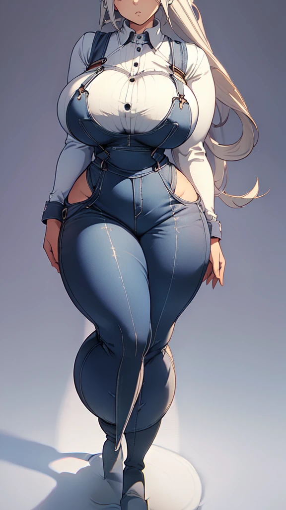 ((blank background)), masterpiece, best quality, silver hair, (curvy:1.8), (massive breast:1.5), ((full body framing)), (long legs:1.6), symmetry, farmer woman, (blue overalls), long boots, belt below navel, plaid shirt, ponytail