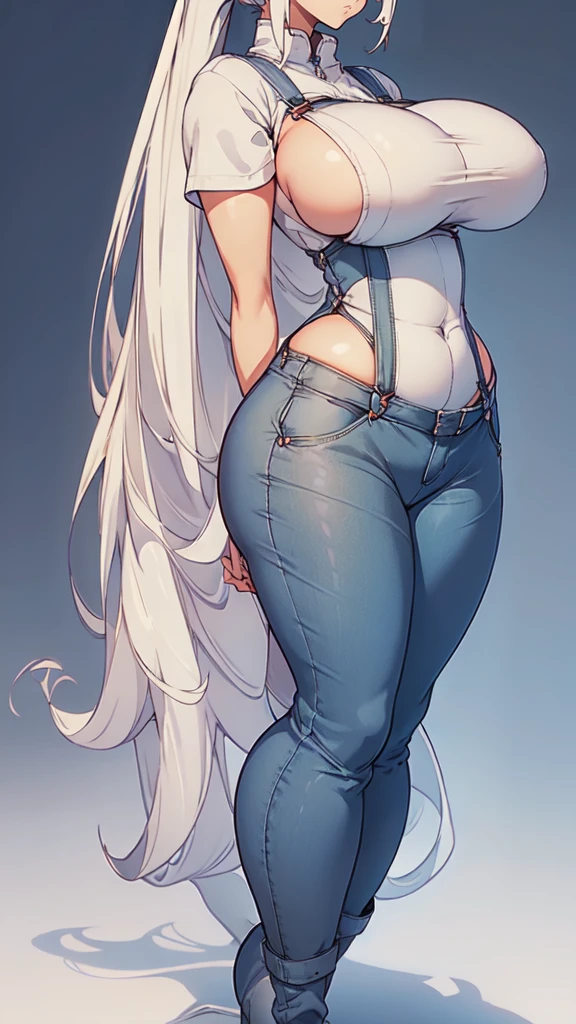 ((blank background)), masterpiece, best quality, silver hair, (curvy:1.8), (massive breast:1.5), ((full body framing)), (long legs:1.6), symmetry, farmer woman, (blue overalls), long boots, belt below navel, plaid shirt, ponytail