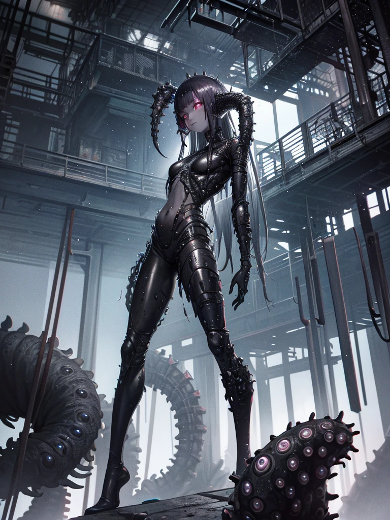 ((gloomy tentacle horror biopunk atmosphere)), ((beautiful biopunk girl portrait)), (dark gray skin), pointed cage helmet, biopunk clothes, glossy skin, open belly, lips piercing, (hands behind head), sits on slime covered steel beam, biopunk pier, tentacle shipyard, cold lighting, abandoned biopunk landscape, (scorn videogame style), horror atmosphere, presence of something terrible, highly detailed biopunk background, background by Hans Giger, perfect anatomy, masterpiece