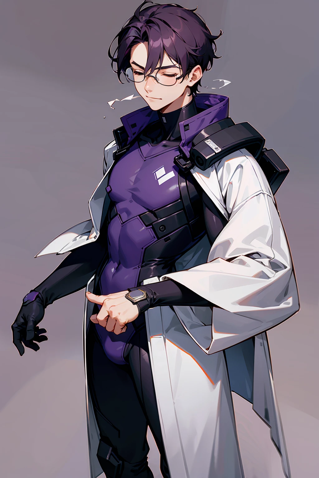 1male, Young Adult, Dark Violet Hair, Eyes Closed, Short Hair, Dojo Background, Slight Smile, Glasses, Standing In City, Detailed background, Black and White Combat Suit, White Coat