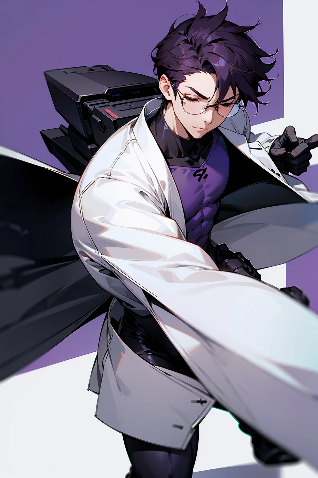 1male, Young Adult, Dark Violet Hair, Eyes Closed, Short Hair, Dojo Background, Slight Smile, Glasses, Standing In City, Detailed background, Black and White Combat Suit, White Coat