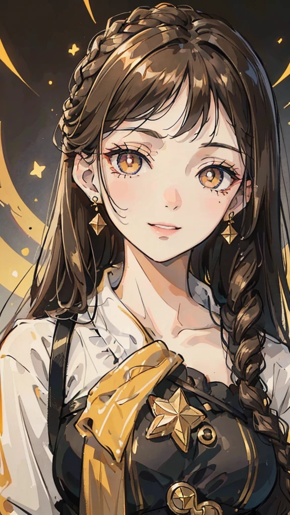 Woman , FOV, f1.8, masterpiece, front portrait shot, black and gold casual modern clothing, plain gold colored background, close up, smiling, front bangs, braid on the left side of hair, ( Woman))( ( golden colored eye in the right eye) ) ( (dark gray eye in the left eye) ) ( ( star-shaped pupil in the left eye) ), ( ( dark brown hair in the half right side of hair) ), ( (light brown hair in the half left side of hair ) ), ( (split dyed hair ) ) , star shaped eye pupil, white colored eye pupil
