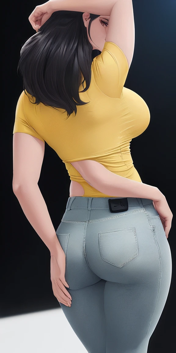 ((obra maestra, mejor calidad, ultra detallado, Ultra HD, Fotorrealista, cinematographic)), (close-up rear camera shot), (sensual pose), (((cuerpo entero))) (Mujer seductora y voluptuosa parecida a Betty Flistone, cabello negro cabello corto, slightly curved at the end of the hair wears a tight blouse, cinturon color negro ajustado a la cintura, beige skinny jeans, piernas gruesas, (((gran culo))) medias de color amarilla, zapatillas tipo Nike color blancos