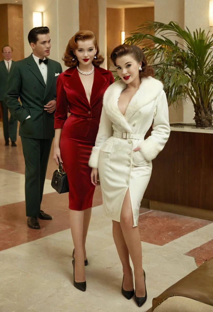 (RAW, Best quality, high resolution, Masterpiece: 1.3), Beautiful scene from the 1950s, ((Hombres y mujeres de los 50s)), ((With typical clothes from the 50s)), enjoying themselves at home in a luxuary hotel lobby, ((scenery set in a very big Hotel Lobby)), 1950s cinematic, image super defined, ((Personas y lugar Hiperrealismo)), 8k. The scene transports us back to the era of the 1950s, filled with classy women dressed in the fashion of that time. white silk and fur coats, They are gathered around a nude red headed  woman, the girls are wearing typical clothes from the 50s, low cut dresses, and sexy red underwear,