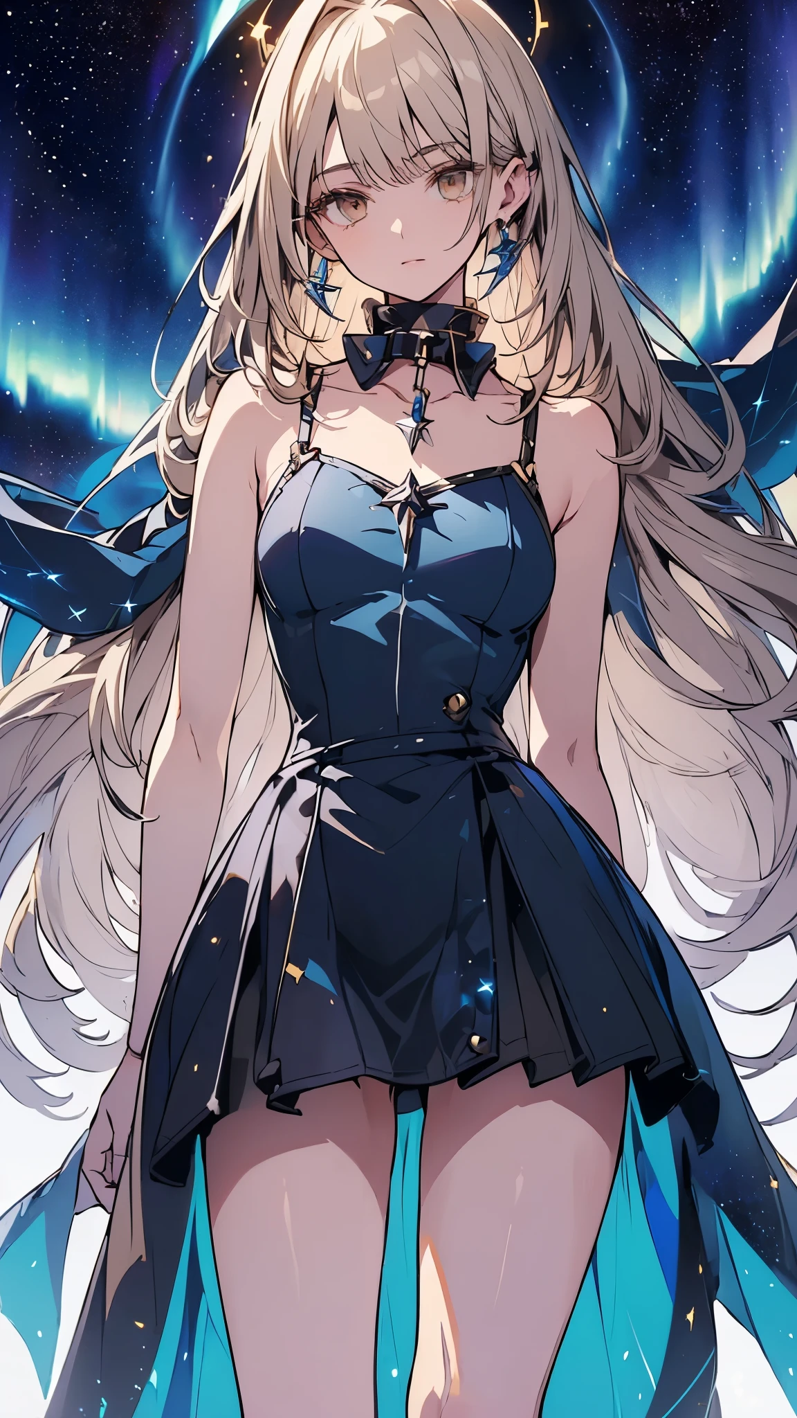 ((((aminimated bright blue aurora stylized stars))), 1girl, fantastic, standing, ((((( Humans features (epic panache)))), ((male-clothing, (collar shined like a mirror))), long hair cut, pale skin, ((brown eyes, glowing:1.3)))))), ((centered)), (wide shot), facing viewer, (((cosmic crusade))), medium breasts, looking at viewer, ((half closed eyes))), ((perfect hands))), (((head:1, arms, hips in view, elbows, thighs, in view))), ((hands at sides))), lively eyes, beautiful lighting, ((stars, constellations:1)))