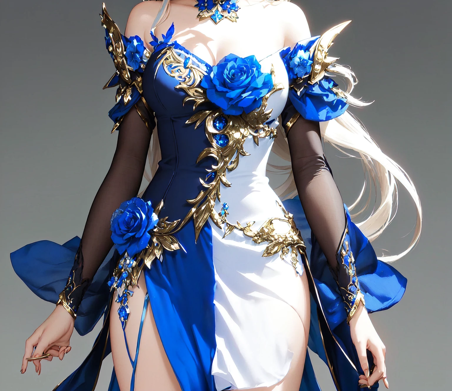 [blue:aqua:0.65] theme, masterpiece, a girl's masterpiece, detailed visual art, blue eyes, light blonde hair, long hair, collarbone, royal princess, elegant, gorgeous quinceanera corset, corset piercing, detailed layered skirt, [detailed frills: 0.1], [frilled dress: 0.1], embroidery, [details princess dress: 0.1], off-the-shoulder, big breasts: 1.3, open crotch, thigh seam, garter belt, groin, [NSFW| uncensored], (simple background: 1.1), low-winged, full-body