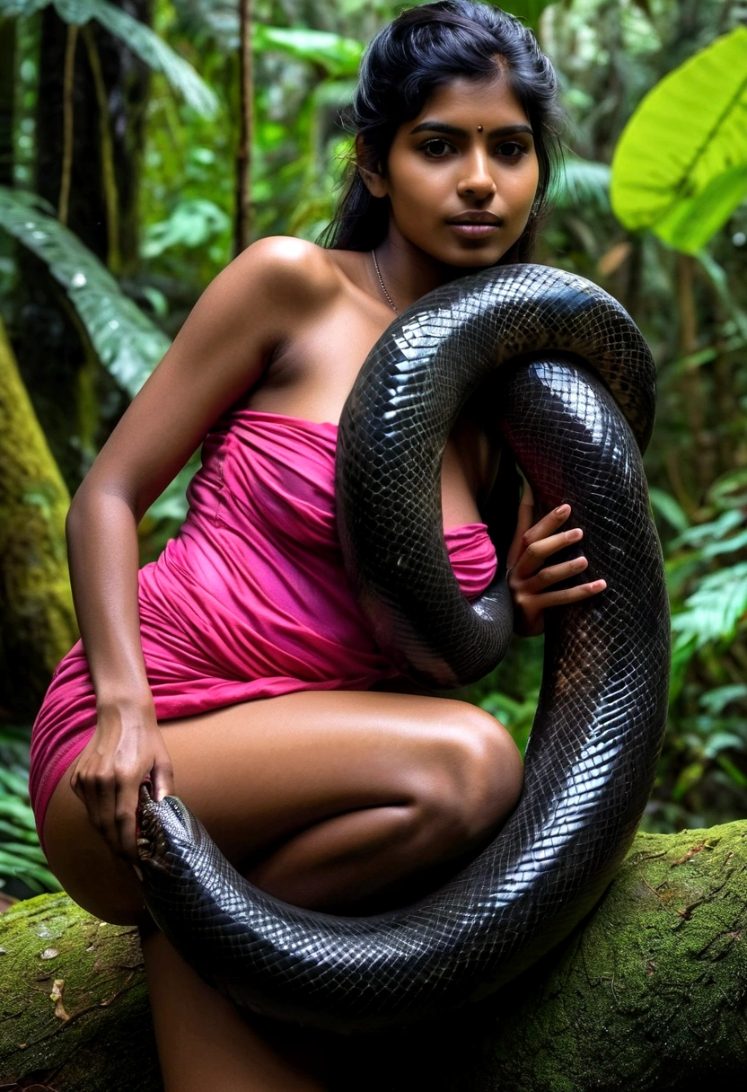 Topless pink thong wearing aroused horny beautiful happy young Indian girl vs Giant colossal black anaconda monster wrapped around her body squeezing her in coiled embrace cuddling and kissing sexual erotic bestiality sex realistic in the rainforest full body, best quality wet
