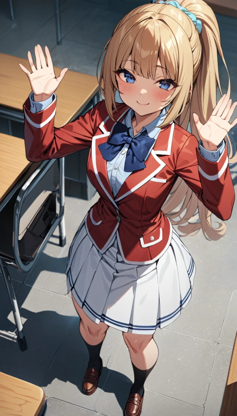 masterpiece, best quality, highres, ponytail hair, (single braid:1.2), hair ribbon, red jacket,buttoned blazer, blue bowtie, long sleeves, white skirt,socks,leather shoes, standing ,t-pose,smile ,closed mouse face, from above,in classroom