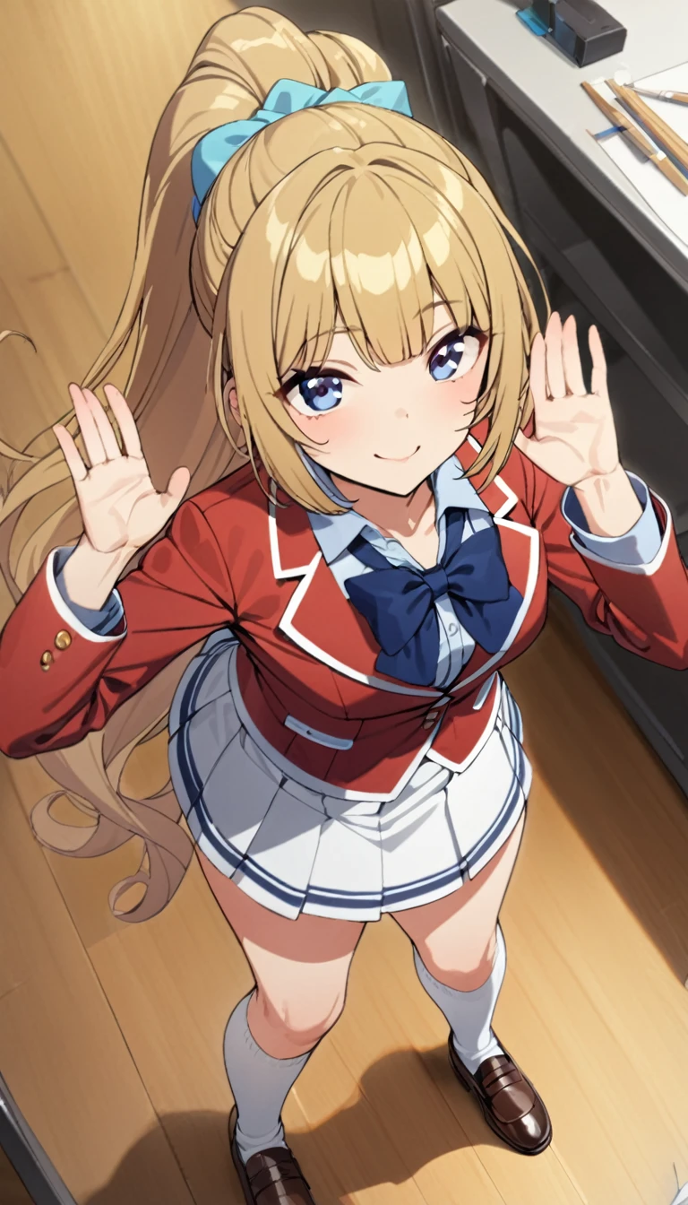 masterpiece, best quality, highres, ponytail hair, (single braid:1.2), hair ribbon, red jacket,oned blazer, blue bowtie, long sleeves, white skirt,socks,leather shoes, standing ,t-pose,smile ,closed mouse face, from above,in classroom