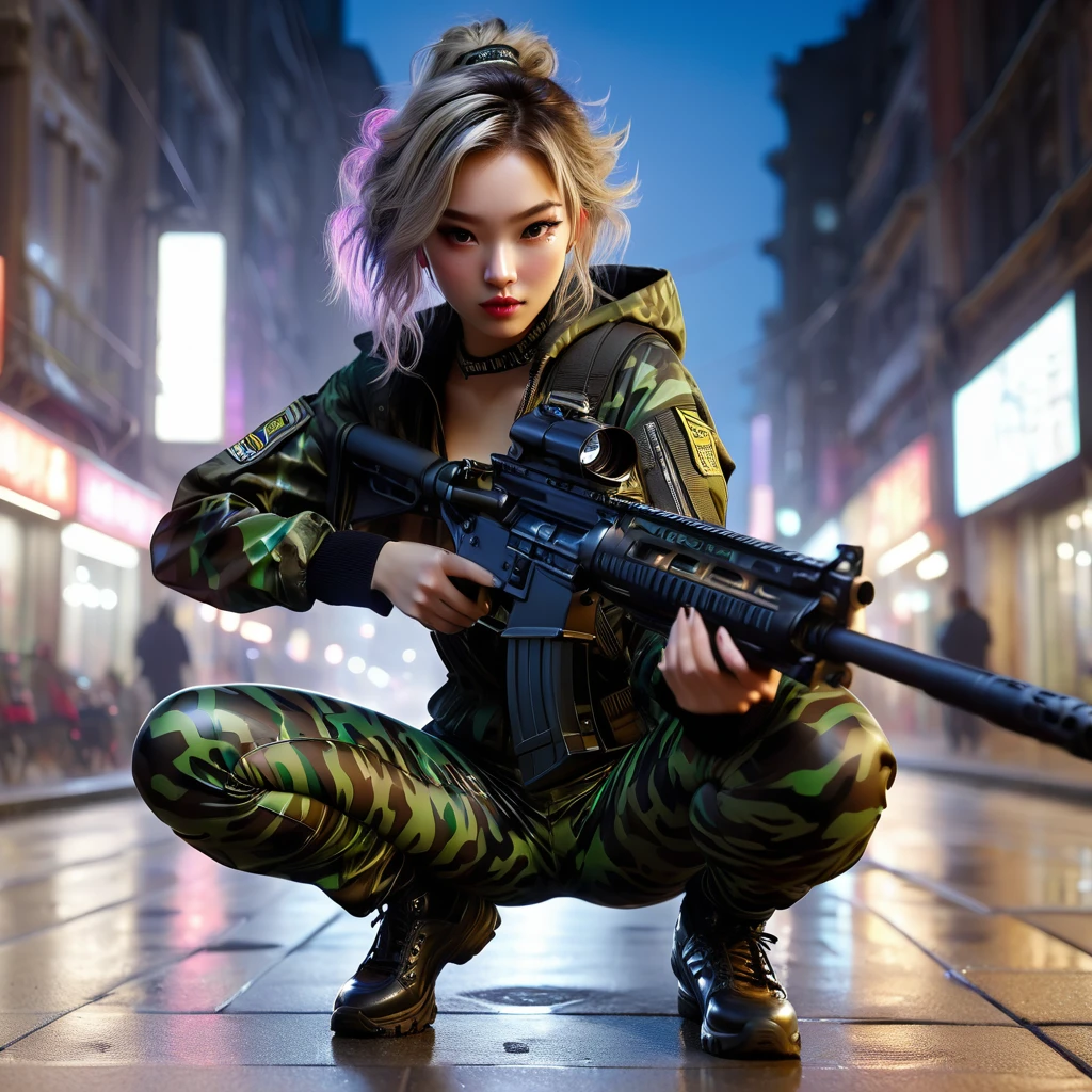 ((A young and very beautiful woman with full body painting in night camo is squatting with her legs spread wide.:1.4))、(Shooting from a low angle to emphasize the crotch:1.5)、(Anatomically correct fingers:1.5)、(Carrying an assault rifle)、Attractive hairstyles、Ideal proportions、Porcelain-white skin、looking at the camera、A rainy night street、Detailed face and body、Photorealistic、8k、Super detailed、Cinematic lighting、Dramatic Shadows、Complex clothing folds、Rich environment、Bright colors、