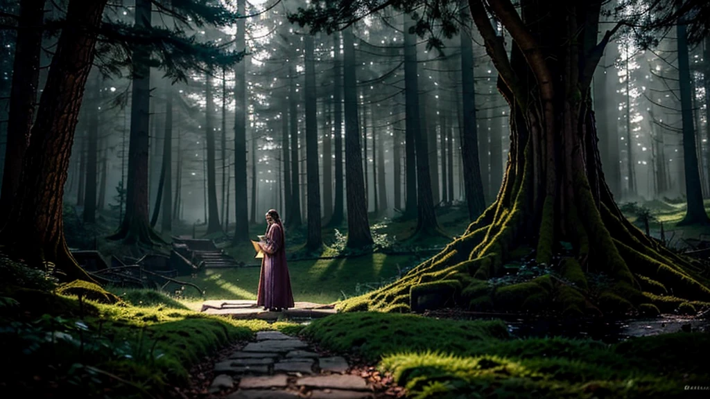 In the small village of Eldenwood, nestled deep within an ancient forest, there lived a young woman named Elara. Known for her curiosity and kindness, Elara spent her days tending to the village's herb garden and caring for the forest's creatures.
One misty morning, as she collected herbs along a forgotten path, Elara stumbled upon a hidden glade she had never seen before. At its center stood an enormous, gnarled tree with bark like old leather and leaves that shimmered with an ethereal glow.
Intrigued, Elara approached the tree and noticed a small door carved into its trunk. Without hesitation, she pushed it open and found herself in a dimly lit chamber. At the center of the room sat an ancient, glowing book on a pedestal. The air buzzed with a mysterious energy.
As she reached for the book, a soft voice echoed in the chamber, "Only the pure of heart may read the Book of Whispers." Elara hesitated, but then gently opened the book. Pages filled with shimmering symbols and ancient runes began to swirl before her eyes, gradually forming into words she could understand.
The book spoke of a long-lost magic that once protected Eldenwood. It told the story of a powerful amulet, hidden deep within the forest, which could bring peace and prosperity back to the land. Guided by the book, Elara knew she was destined to find it.
Over the next few days, Elara followed the book's cryptic clues, venturing deeper into the forest than she had ever dared. She encountered many challenges—a labyrinth of thorns, a river guarded by a fierce spirit, and a cave filled with blinding darkness. With each trial, her determination and compassion grew stronger.
Finally, she arrived at a secluded clearing where an ancient stone altar stood. Atop the altar lay the amulet, glowing with a warm, inviting light. As Elara reached out to touch it, the forest around her seemed to hold its breath. The moment her fingers closed around the amulet, a surge of energy pulsed through the woods. The trees