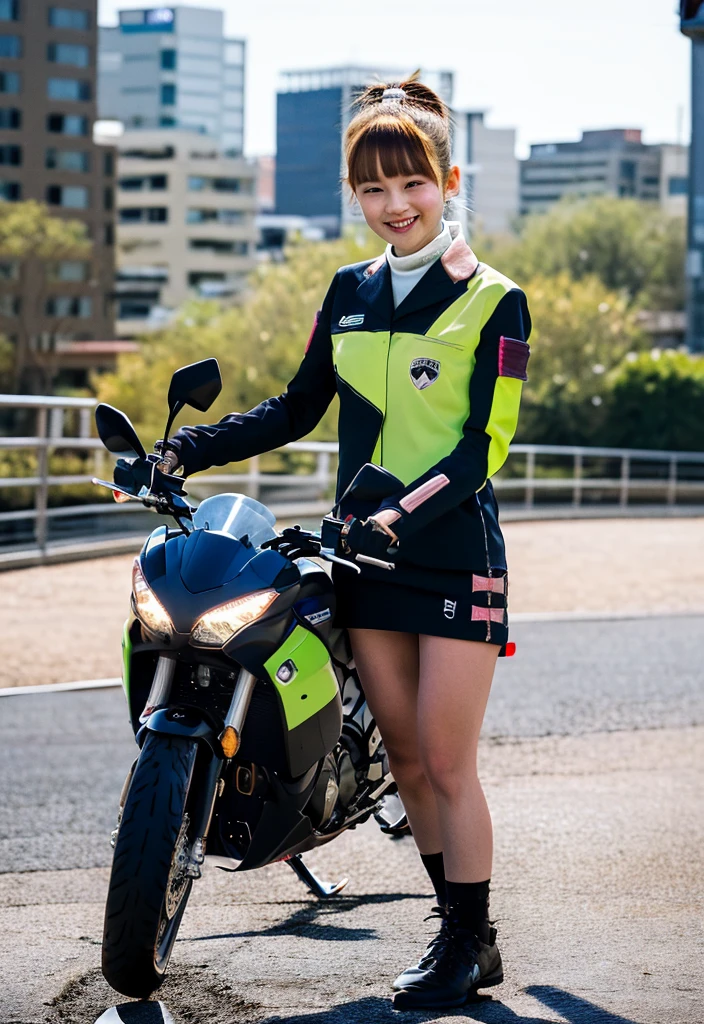 Glowing Korean beauty with cybernetic arm,(Transparent and revealing clothing:1.3, ),(Cyber Girl is、Ride through a futuristic city on a colorful, custom-painted green Kawasaki Ninja motorcycle:1.3),mini skirtを履いてバイクに跨り白いパンティが見えてます、kawasaki ninja250、Showing her white panties.、 （Ultra mini skirt:1.3）、Shiny light brown and orange striped ponytail hair,Cute Smile,Perfect round face,A bright smile that makes everyone happy,Proper body balance,Tabletop,Ultra-high quality output images,High resolution,Intricate details,Very delicate and beautiful hair,Realistic photos,dream-like,Professional Lighting,Realistic Shadows,Focus Only,Beautiful Hands,Beautiful fingers,Detailed functions of the fingers,Detailed characteristics of the garment,Detailed characteristics of hair,Detailed facial features,