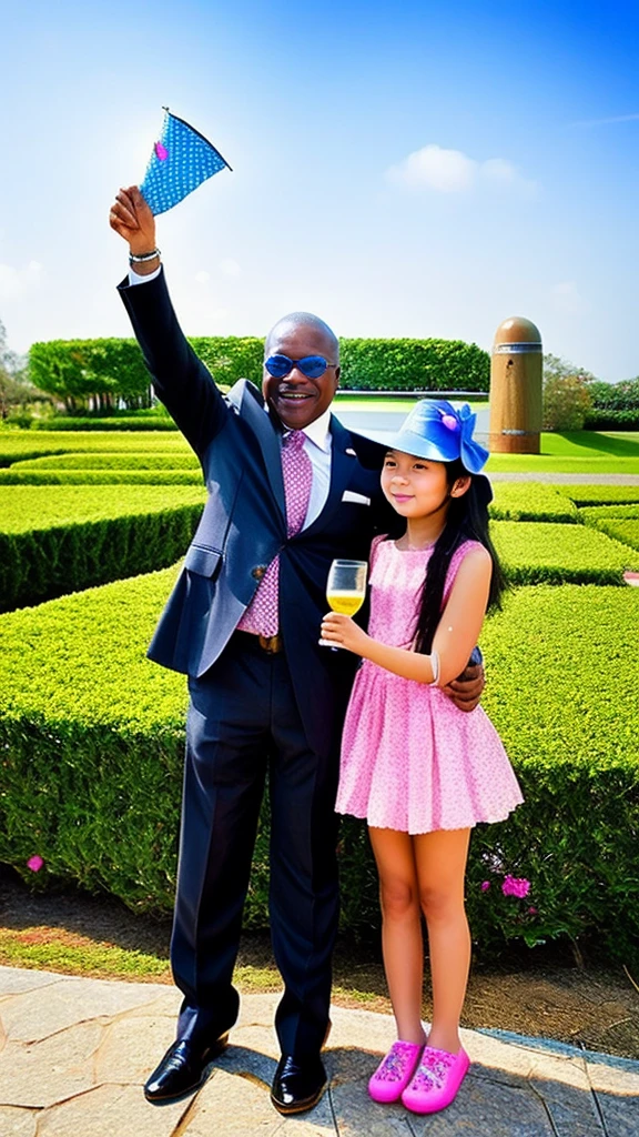 old man in white suit stands beside (((nude naked nude naked young white girl who has short brunette pigtail hair and smile and wears a collar))) and has medium breast and nipple and pussy and earring and wristwatch and is standing in a park and is holding a trophy, holding a trophy, holding a trophy, bench, grass, student in background, old man in black suit in background, old man in black suit in background, old man in black suit in background,