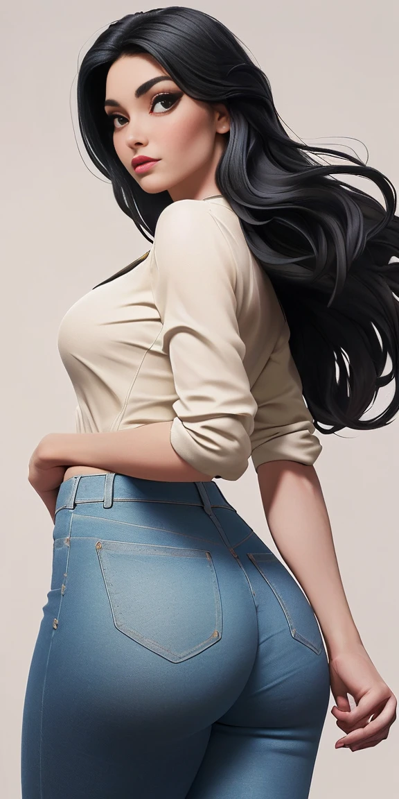 ((obra maestra, mejor calidad, ultra detallado, Ultra HD, Fotorrealista, cinematographic)), (close-up rear camera shot), (sensual pose), (((cuerpo entero))) (Mujer seductora y voluptuosa parecida a Betty Flistone, cabello negro cabello corto, slightly curved at the end of the hair wears a tight blouse, cinturon color negro ajustado a la cintura, beige skinny jeans, piernas gruesas, (((gran culo))) medias de color amarilla, zapatillas tipo Nike color blancos