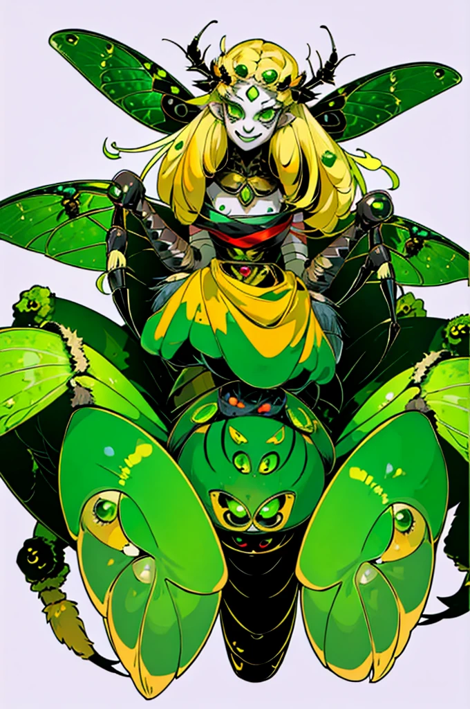 1girl, alone, chibi spider girl, monster musume, 9 years old, hairy thin long spider legs, dragonfly wings, moth antenas on head, blonde long hair, yellow hair, green clothes, green eyes, flat chest, smiling innocently, hades style, hadesstyle, hades2style, hades 2 style