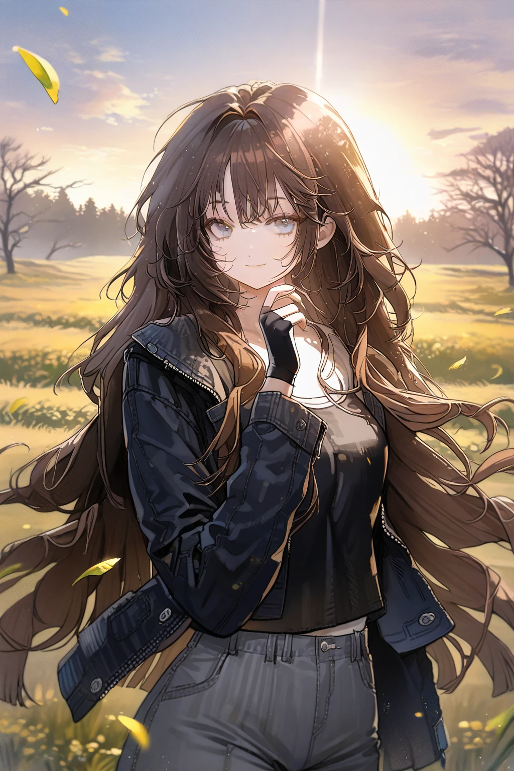 1 girl, CuteStyle, blue eyes, brown hair, long hair with bangs, flowing hair, upper body, dressed in a black T-shirt and gray shorts, black fingerless gloves, black denim jacket unbuttoned with long sleeves, standing in a field, grass, trees on the horizon, beautiful clouds, sunset, rays of the sun, specks of dust in the air, petals of green leaves, wind, light, looking at the viewer, a small smile, calm gaze, detailed, beautiful, blurred background, delicate tones