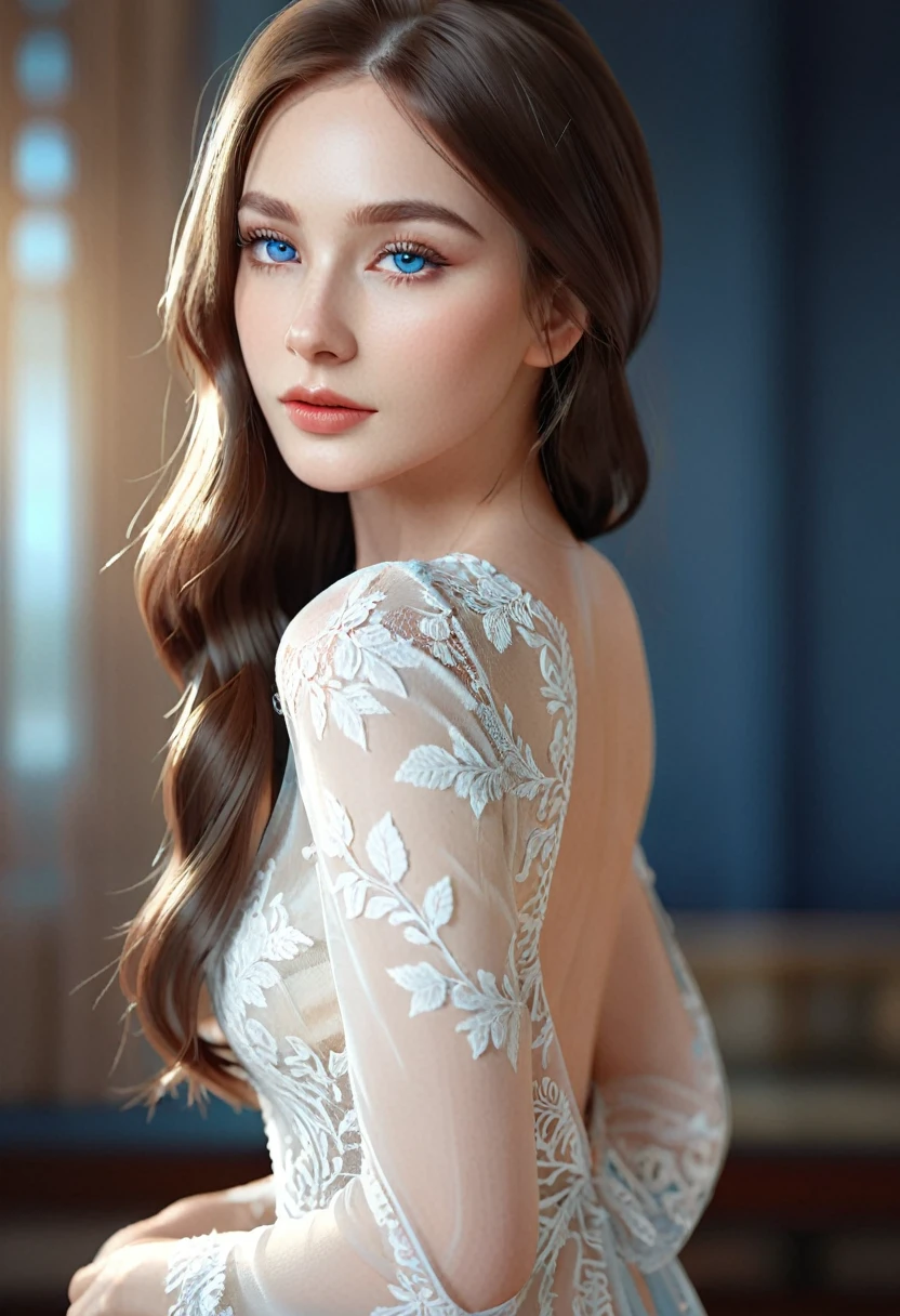 A beautiful woman with captivating blue eyes, long lashes, and flowing hair, posing elegantly in a sheer, lace backless dress, exuding a seductive and feminine charm, in a high-quality, realistic 8K CG rendering with a shallow depth of field.