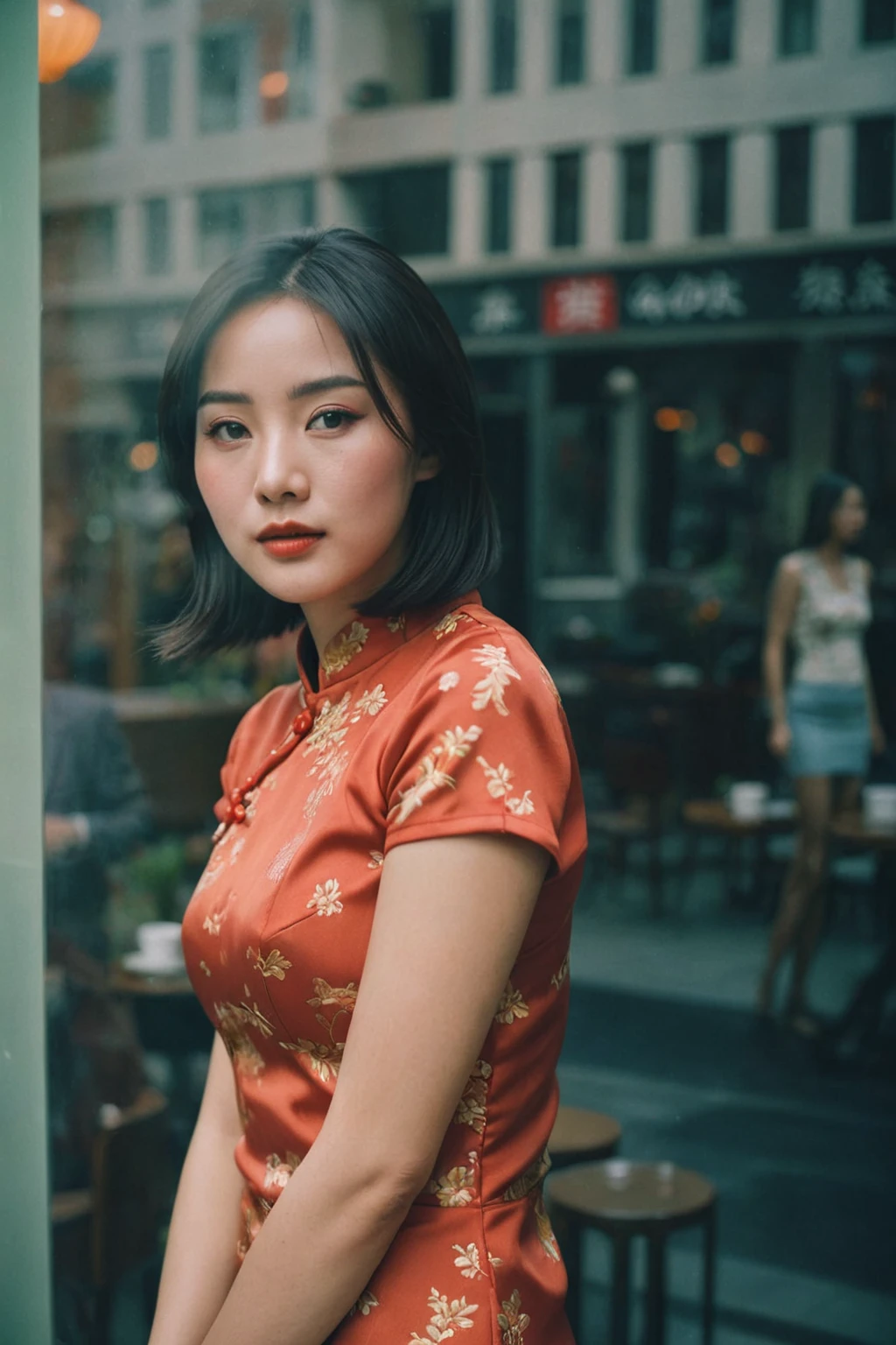 shot of attractive Chinese qipao girl in a city modern cafe, big breast, brunette, casual smirk, reflections trough a window of another person walking. candid, minimalism, moody, modern, cinematic realism, Eye Level Shot, analog film photo, Kodachrome.
