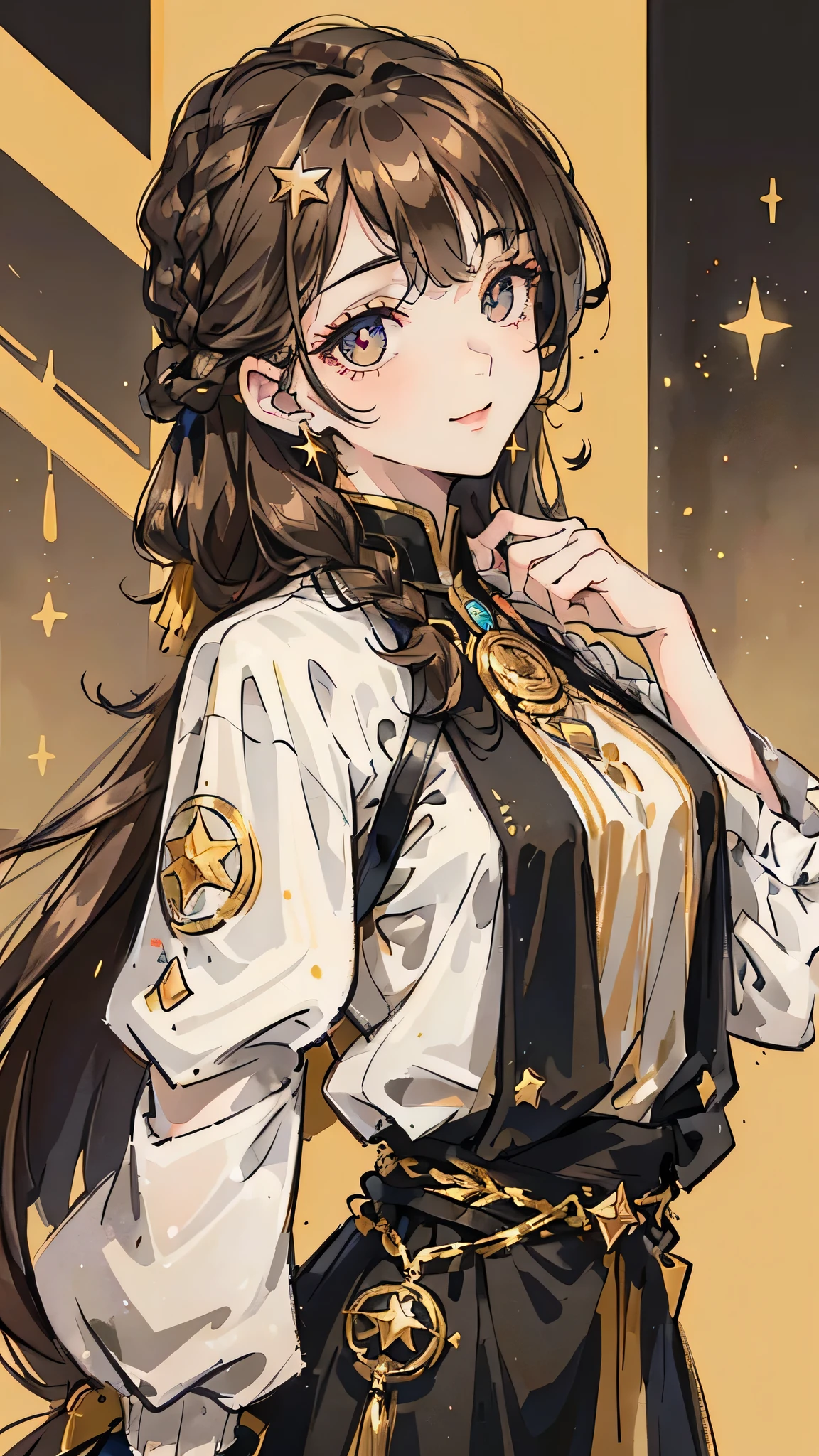 Woman , FOV, f1.8, masterpiece, front portrait shot, black and gold casual modern clothing, plain gold colored background, close up, smiling, front bangs, braid on the left side of hair, （ Woman））( ( golden colored eye in the right eye) ) ( (dark gray eye in the left eye) ) ( ( star-shaped pupil in the left eye) ), ( ( dark brown hair in the half right side of hair) ), ( (light brown hair in the half left side of hair ) ), ( (split dyed hair ) ) , star shaped eye pupil, white colored eye pupil