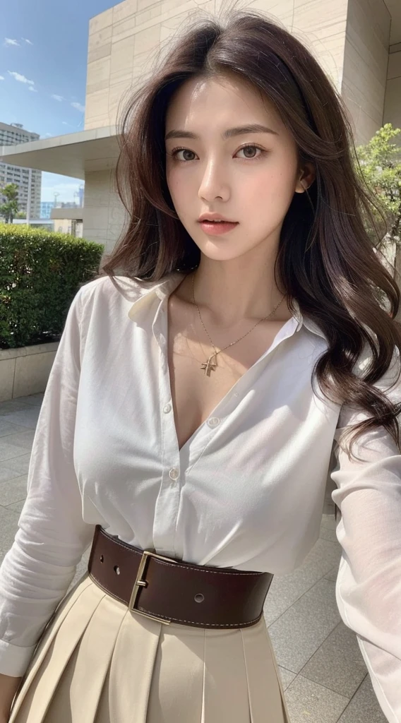 (Highest quality, High resolution, masterpiece: 1.3), Tall and beautiful woman, Slim Abs, Loosely wavy dark brown hair, Big Breasts: 2, Wear a pendant, White button-down shirt, belt, Black Skirt, (Modern architecture in the background), The details of the face and skin texture are beautifully expressed., Fine grain, double eyelid
