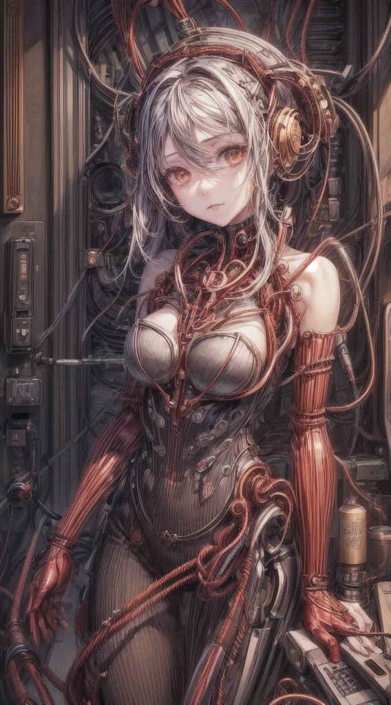 (((Masterpiece))), ((Best Quality)), (Super Detail), (CG Illustration), (Very Evil and Beautiful)), Cinematic Light, ((1 Mechanical Girl)), Single, (Mechanical Art: 1.4), ((Mechanical limb)), (Blood vessel attached to a tube), ((Mechanical spine attached to the back)), ((Mechanical cervical vertebrae attached to the neck), (Back to the viewer)), expressionless, ( wires and cables attached to the head and body: 1.5), Science Fiction, Apocalypse, Ruins, (Lower Body Integrated with Mechanical Devices), (Blood: 1.5), Cruelty, Absurdity, Eroglotesque, Fusion with Machines, Doomsday Time, Super Future, Inorganic, Laboratory,  , , , , , best quality, super fine, 16k, incredibly absurdres, extremely detailed, delicate and dynamic, stained glass kaleidoscope made of jewels of various colors, with mechanical mechanisms, clockwork mechanisms, and gear mechanisms, girl peering into it, (heterochromia, star-shaped pupils eye, heart-shaped pupils eye), lighting-effects, prism-effects, mirror-effects, iridescent world artwork masterpiece, best quality, Restrained,masterpiece, best quality,(extremely detailed CG unity 8k wallpaper,masterpiece, best quality, ultra-detailed),masterpiece, best quality, prompt:(masterpiece:1), best quality, (beautiful lighting:1.2), (electrical cable in pussy:1.5),(pussy juice:1.4), (shiny skin:1.3), (shiny hair:1.3),(VR Goggles:1.2),amazing,finely ultra detailed,engineer line drawings,grid,sticky notes,blueprint,design diagram,2D,overexposure,extremely detailed,hdr,(three-sided view:1.2),nsfw,sex,1girl on diagram,solo,multiple views,robot head,mechanical body,headgear,redesign,large breast,large ass,large thigh,(quatting,spread legs,camel toe,cleft of venus,uterus cross_section view,womb,fertilization,x-ray,(spread legs:1.1), (spread pussy:1.1), (open your own pussy:1.4), (spread pussy with fingers:1.2), kupaa,beautiful detailed eyes,Restraints