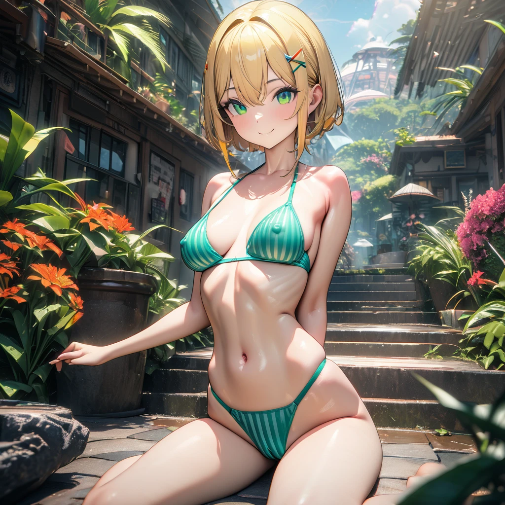(finely detail:1.4), 1girl, (short stature), (slender), narrow waist, yellow blonde hair, short hair,  short hair with short locks, side locks, X hairpin, (green  eyes), smile,  wariza,medium , ((horizontal striped pattern)), (green striped bikini) ,  cameltoe,  covered erectilples,  (8a high res, masterpiece, best quality:1.3)(sunny place outd:1.4),  