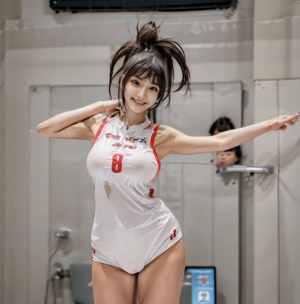 Highest quality,masterpiece,Ultra-high resolution, Very detailed, 8k,a beautiful Japanese woman:1.5, blunt bangs, Very short hair、 Small face, Breast Augmentation Surgery、 (very tall volleyball player:1.5), Condescending smile:1.8、 Very detailedな臭い脇の下