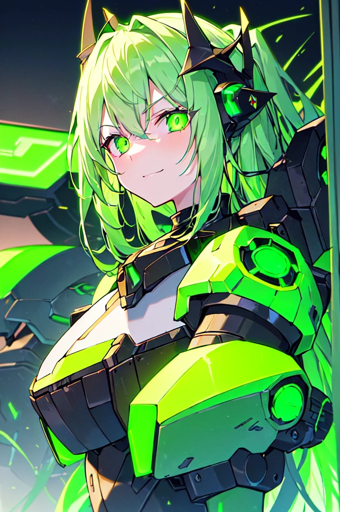 (((masterpiece))), (upper body), 1girl, solo, Green hair, long hair, Green eyes, (slant eyes), science fiction, (mecha musume:1.5), mechanical parts, headgear, doragon mechanical tails, ((mechanical Black dragon Armor)), Evil smile face, (((neon light green))), Anime style