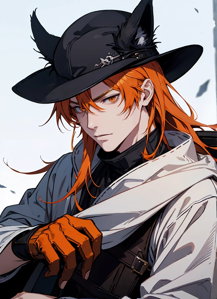 1man cat tribe Gunslinger,Coldplace,fantasy, orangehair, cat ear, tall, glove, wearing hat, handsome, villian face, red eye, 21 yearold, wearing white winter armor, game of throne, male, no ear, long hair curry