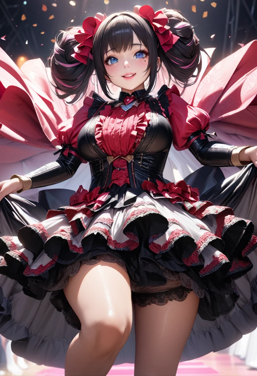 One Girl、Looking at the audience、
Beautiful Blue Eyes、Black hair、Pink streaked hair, bangs, Mole under the eye、Plump and glossy lips、Heart-shaped choca、Idol、smile、ー、。.。.。.。.。.。.。.。.。.。.。.。.。.。.。.。.。.。.3D、Realistic、
Sexy dress with too many frills、Drape clothes、gem、The decoration has been removed、Floral、Lace trim、bright stage、
masterpiece、highest quality、8k、Detailed skin texture、Detailed cloth texture、Beautifully detailed face、Intricate details、Very detailed、
超A high resolution、8K Ultra HD、Film Grain、Best Shadow、delicate、Staring at the audience、front