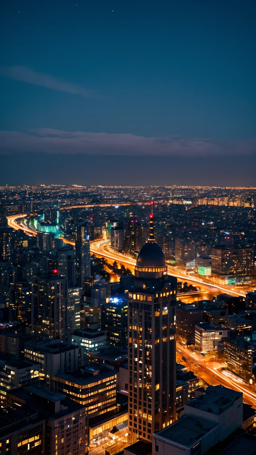 Standing at the top of a tall chimney、night、night景、Spectacular views、City