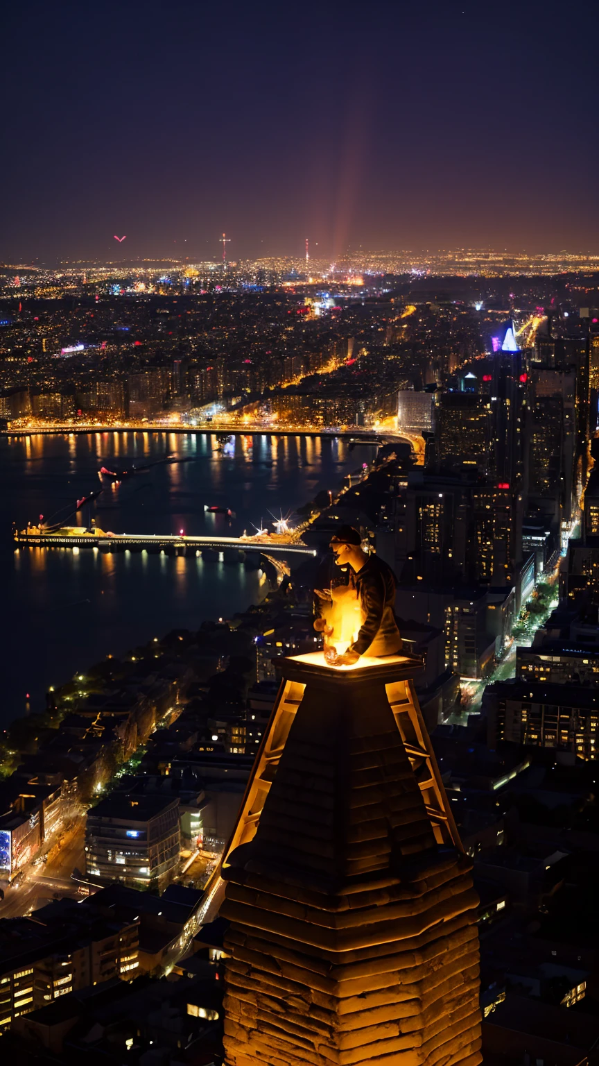 Standing at the top of a tall chimney、night、night景、Spectacular views、City